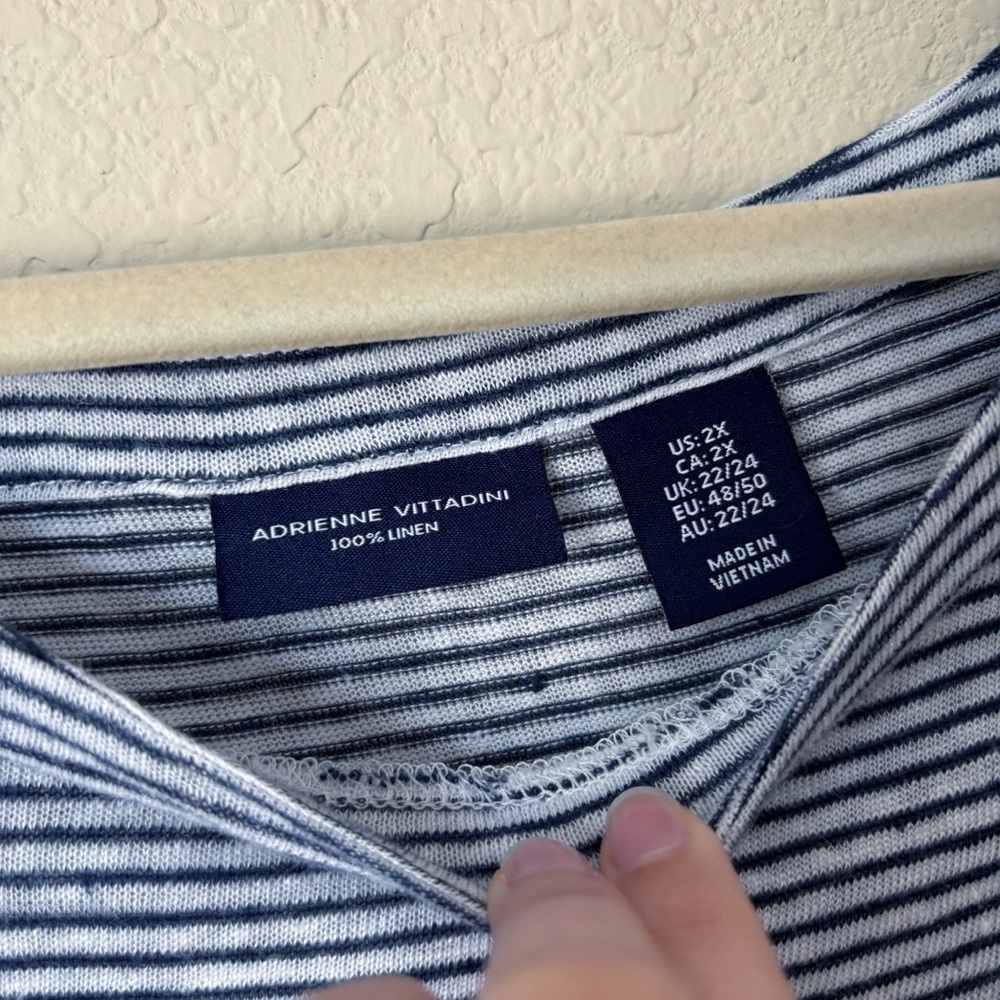 Adrienne Vittadini 2X Linen Three-quarter Sleeve Roll Tab Stripe Top Beachy - Picture 2 of 12